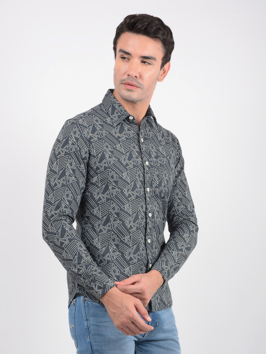 Numero Uno Men Geometric Print Grey Shirt